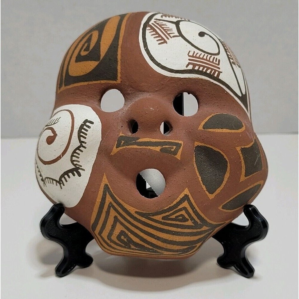 Southwestern Hand Painted Terracotta Mask Geometric Tribal Pottery Wall Decor